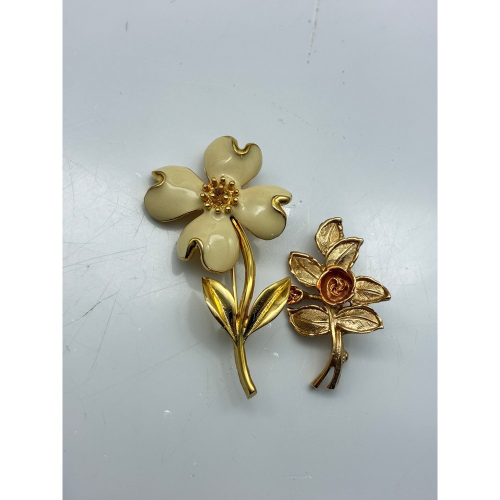 Vintage Gold Tone Floral Brooch Lot of 2 Enamel Dogwood and AVON Rose Pin